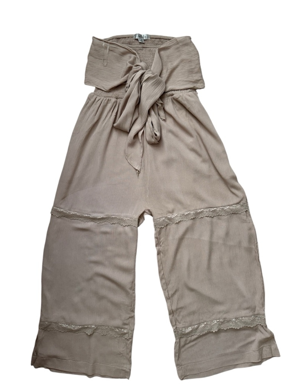 Strapless Smocked Tie-Front Flowy Cropped Straight Leg Boho Jumpsuit Pockets S